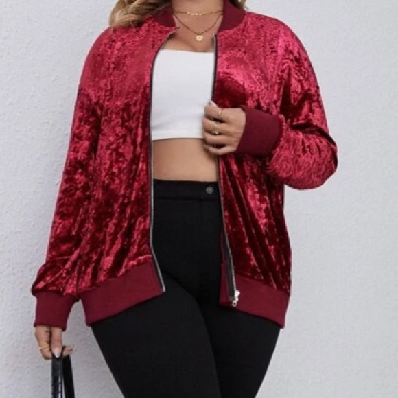 Bright Red Zipper Velvet Bomber Jacket in 2XL - Picture 3 of 4